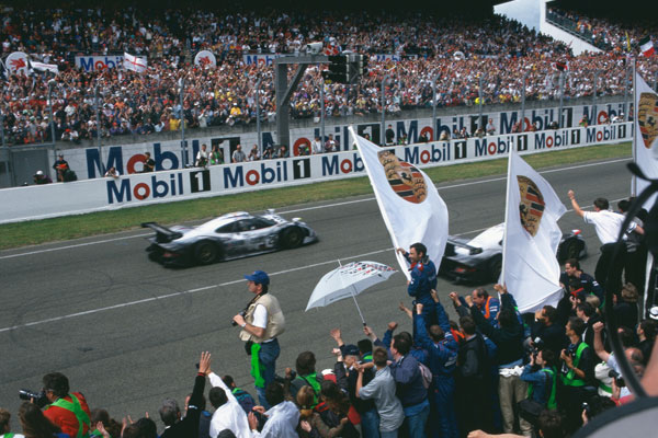 Porsche Car racing on track at Le Mans in 1998