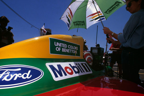 F1 Car showing the Mobil 1 and Ford logos in the sun 