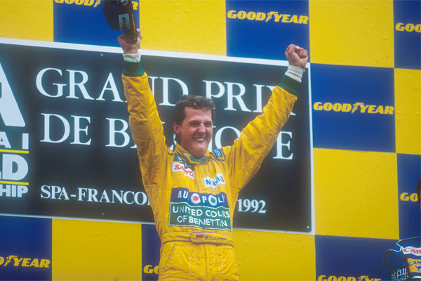 Michael Schumacher on the podium at the Belgium Grand prix in 1991