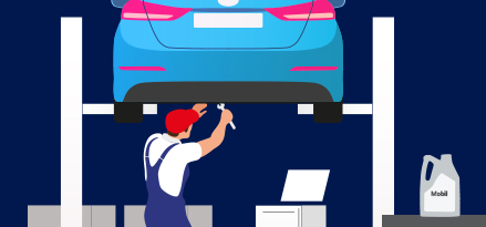 Vector drawing of a mechanic fixing a car on a car lift