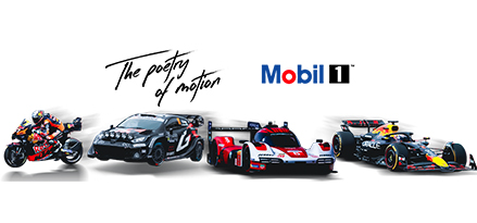 4 Mobil1 branded racing vehicles – 3 cars and a motorcycle, with the Mobil 1 logo and copy saying ‘The poetry of motion’