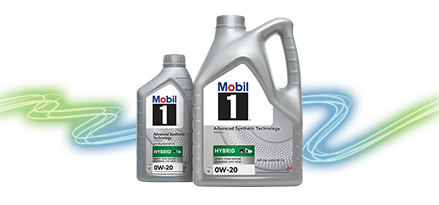 Two silver Mobil 1 motor oil containers (one large, one small) labelled "Hybrid 0W 20" with blue and green swoosh graphics.