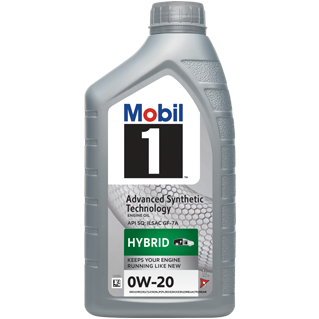 Grey 1-liter bottle of Mobil 1 Advanced Synthetic 0W-20 hybrid engine oil